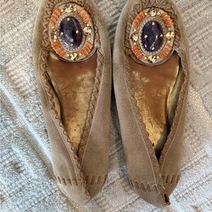 Prada Tan Suede Flats with Embellished Detail